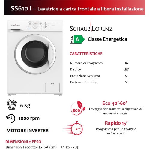 LAVATRICE 6 KG 1000 GR A INVERTER VAPORE SLORENZ