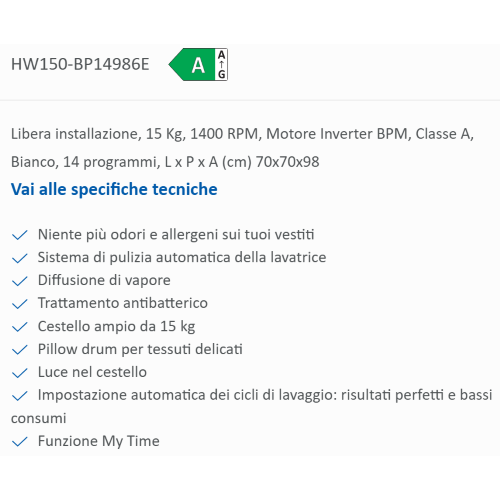 LAVATRICE 15 KG 1400 GR A INVERTER VAPORE SUPER DRUM SERIE 7 HAIER