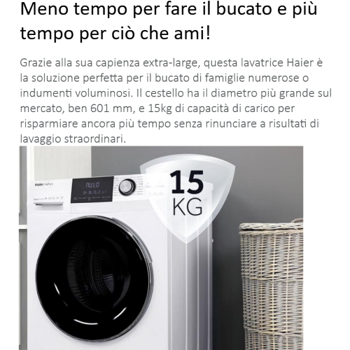 LAVATRICE 15 KG 1400 GR A INVERTER VAPORE SUPER DRUM SERIE 7 HAIER