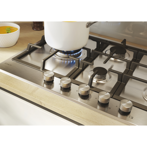 PIANO COTTURA INOX 5 FUOCHI COM. FRONT. 75 CM WOK GHISA CANDY