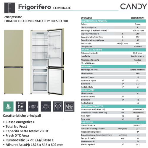 COMBINATO 279 LT CREMA NOFROST E 182,5X55 CANDY