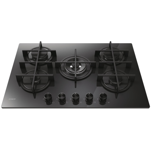 PIANO COTTURA VETRO NERO TEMP. 5 F. COM. FRONT. GHISA WOK 75 CM