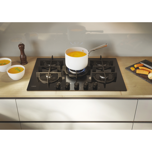 PIANO COTTURA VETRO NERO TEMP. 5 F. COM. FRONT. GHISA WOK 75 CM