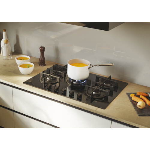 PIANO COTTURA VETRO NERO TEMP. 5 F. COM. FRONT. GHISA WOK 75 CM