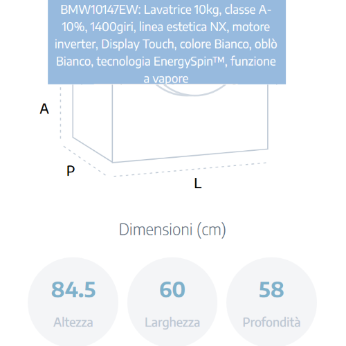 LAVATRICE 10 KG 1400 GR A-10% INVERTER VAPORE BEKO