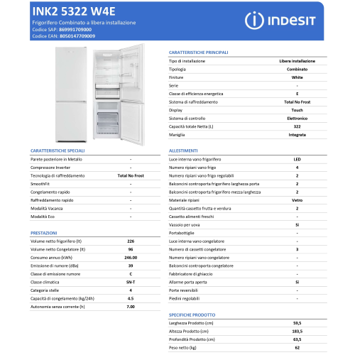 COMBINATO 322 LT INOX NOFROST D INDESIT