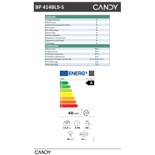 LAVATRICE 14 KG 1400 GR A-30% INV VAP ProWash 550 CANDY