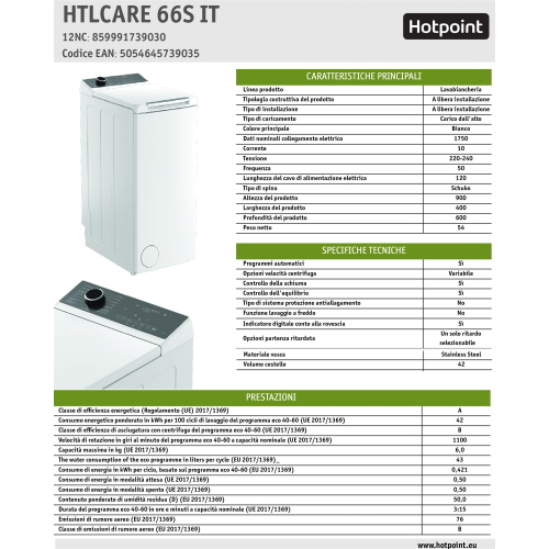 LAVATRICE C.ALTO 6 KG 1100 GR A INVERTER HOTPOINT