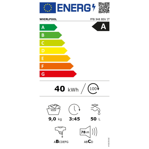 LAVATRICE 9 KG 1400 GR A-20% INVERTER VAPORE WHIRLPOOL