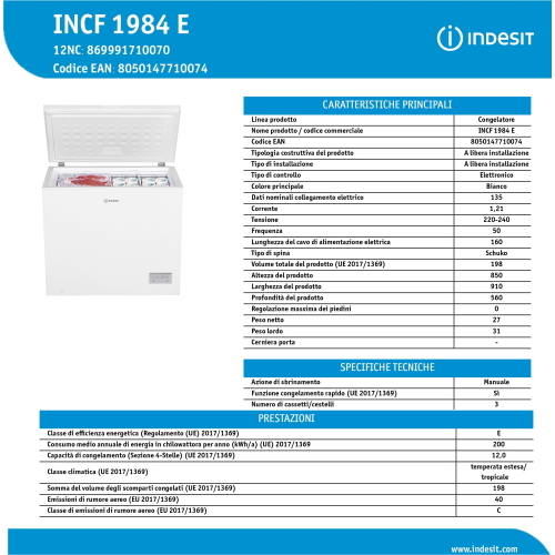 CONGELATORE ORIZZONTALE BIANCO 198 LT CL.E INDESIT