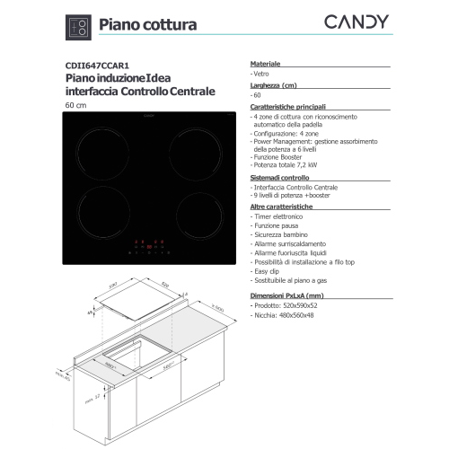 PIANO COTTURA NERO INDUZIONE 4 FUOCHI COM. FRONT. 60 CM CANDY