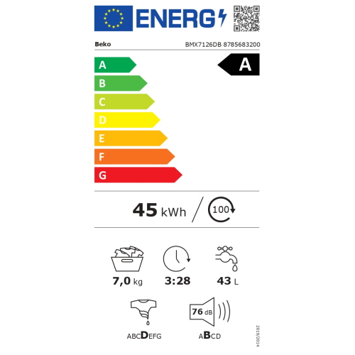 LAVATRICE 7 KG A 1200 GR INVERTER DISPLAY TOUCH VAPORE BEKO