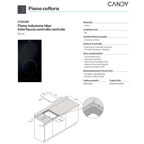 PIANO COTTURA NERO INDUZIONE 2 FUOCHI COM. FRONT. 30 CM CANDY