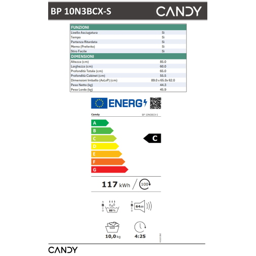 ASCIUGATRICE 10 KG C INVERTER WI-FI AI SMART PRODRY550 CANDY