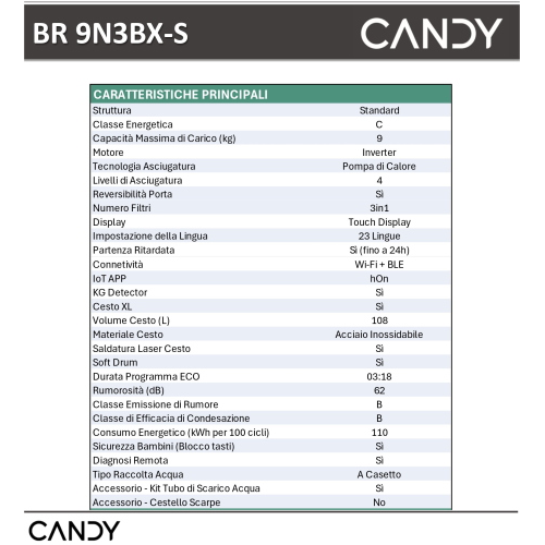 ASCIUGATRICE 9 KG C INVERTER WI-FI AI SMART PRODRY500 CANDY