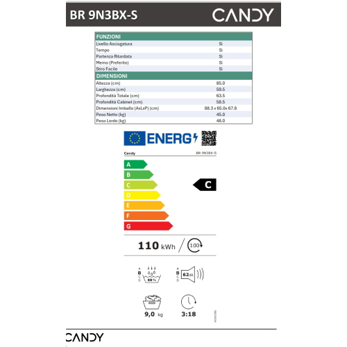 ASCIUGATRICE 9 KG C INVERTER WI-FI AI SMART PRODRY500 CANDY